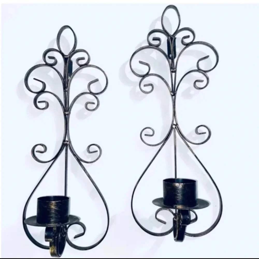 16” Pair Vintage Wrought Iron Candle Holder Wall Decor Mid Century